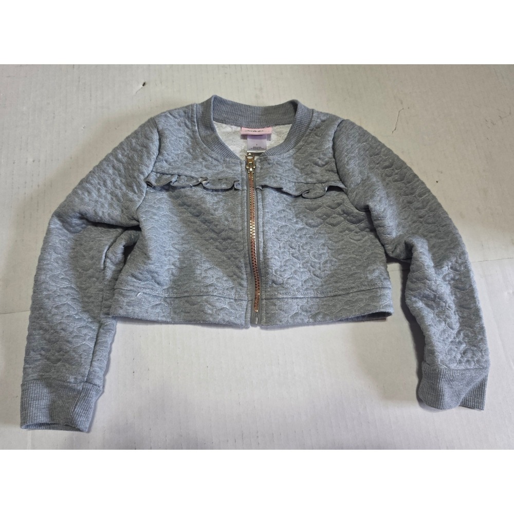 Little Lass Girls Gray Quilted Heart Ruffle Cropped Bomber Jacket Size 5 Sparkle
